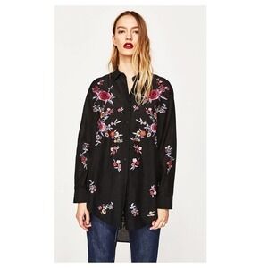𝅺zara Black Floral Embroidered Button Front Tunic Top Size Small EUC
